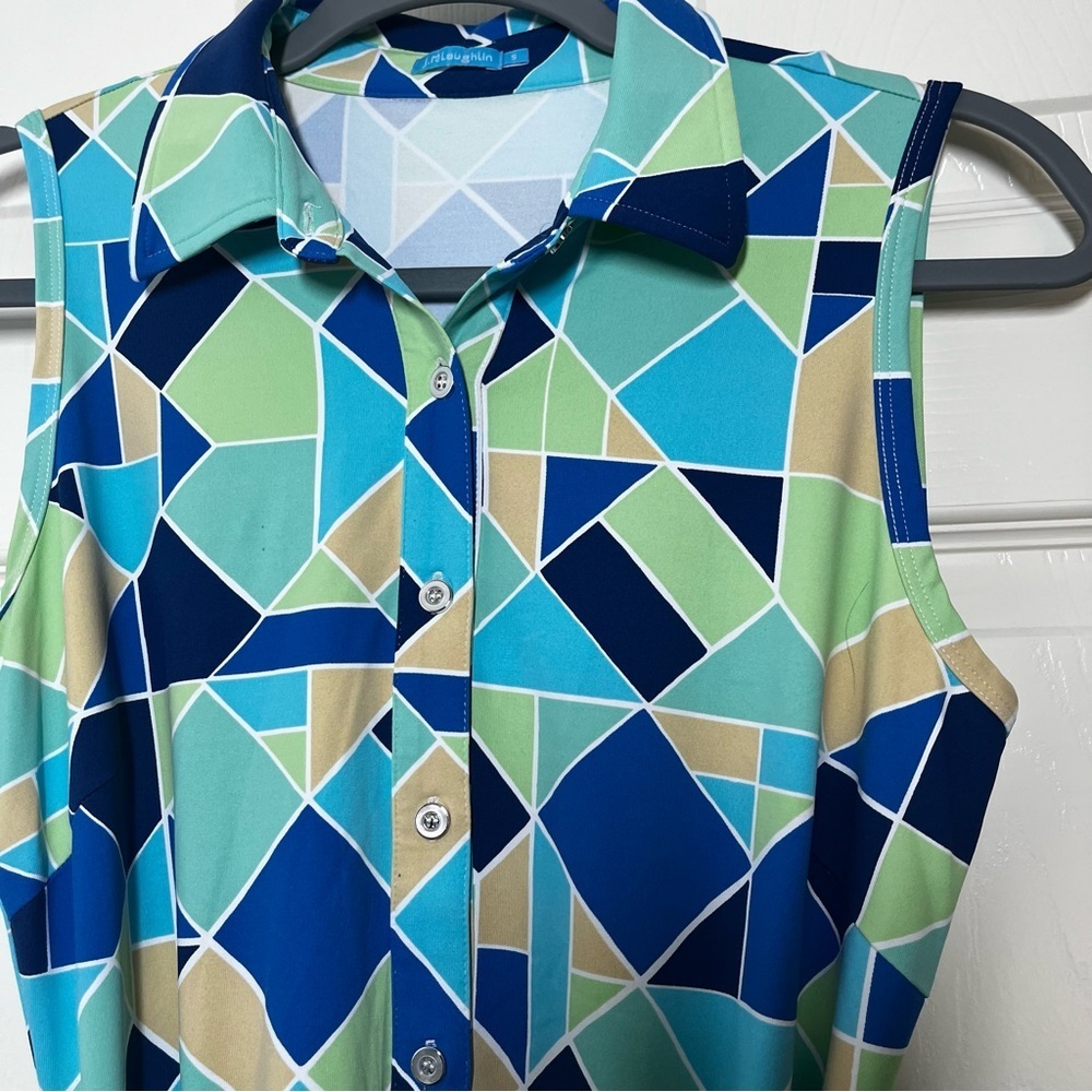 J MCLAUGHLIN Geometric Blue and Green Sleeveless Collar Belted Dress Size Small - Picture 3 of 8